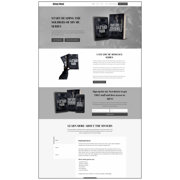 Kelsey Wood's author website homepage, built with the Lyra template