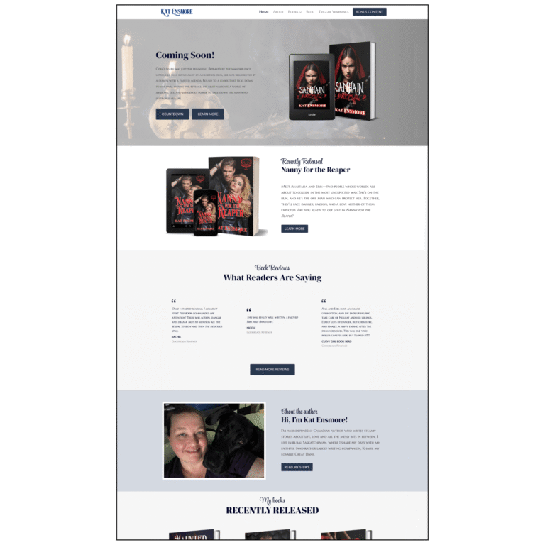 Kat Ensmore's author website homepage, showing a coming-soon book, recent releases and reader reviews