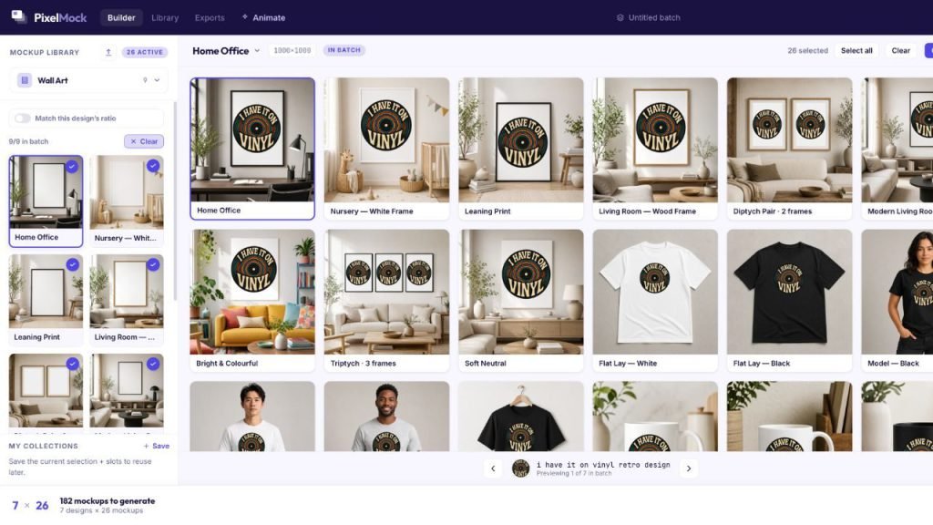 PixelMock builder showing one artwork placed across a grid of print and wall-art mockup scenes