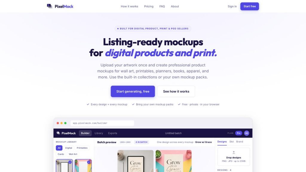 PixelMock builder showing one artwork placed across a grid of print and wall-art mockup scenes