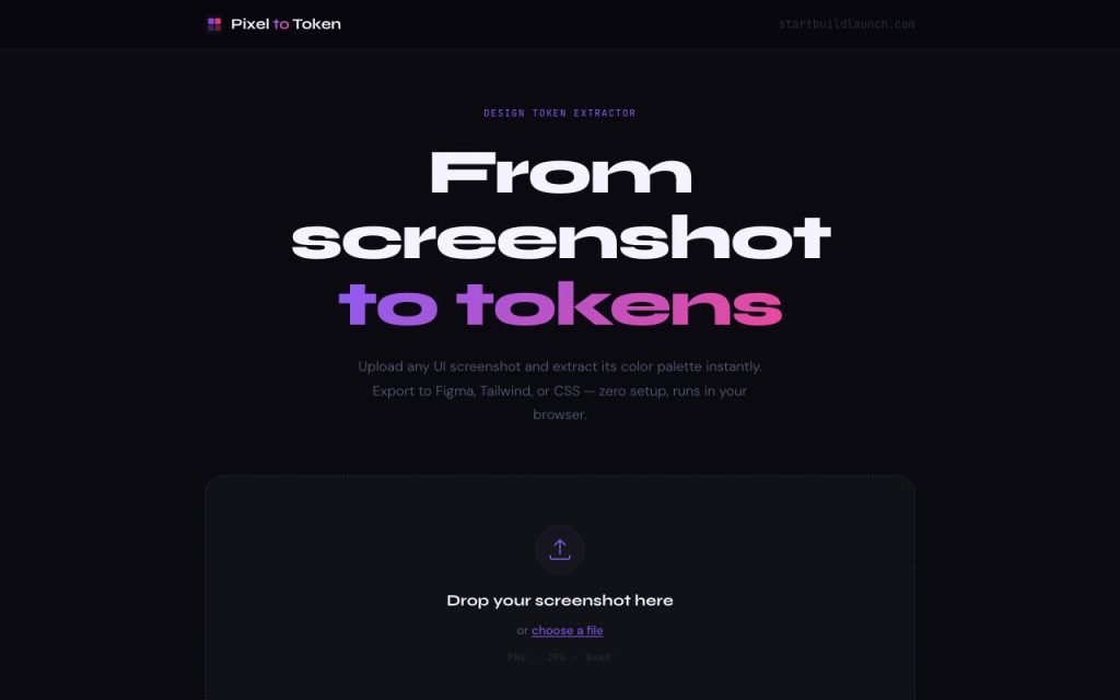 Pixel To Tokens app: drop a screenshot to extract its colour tokens