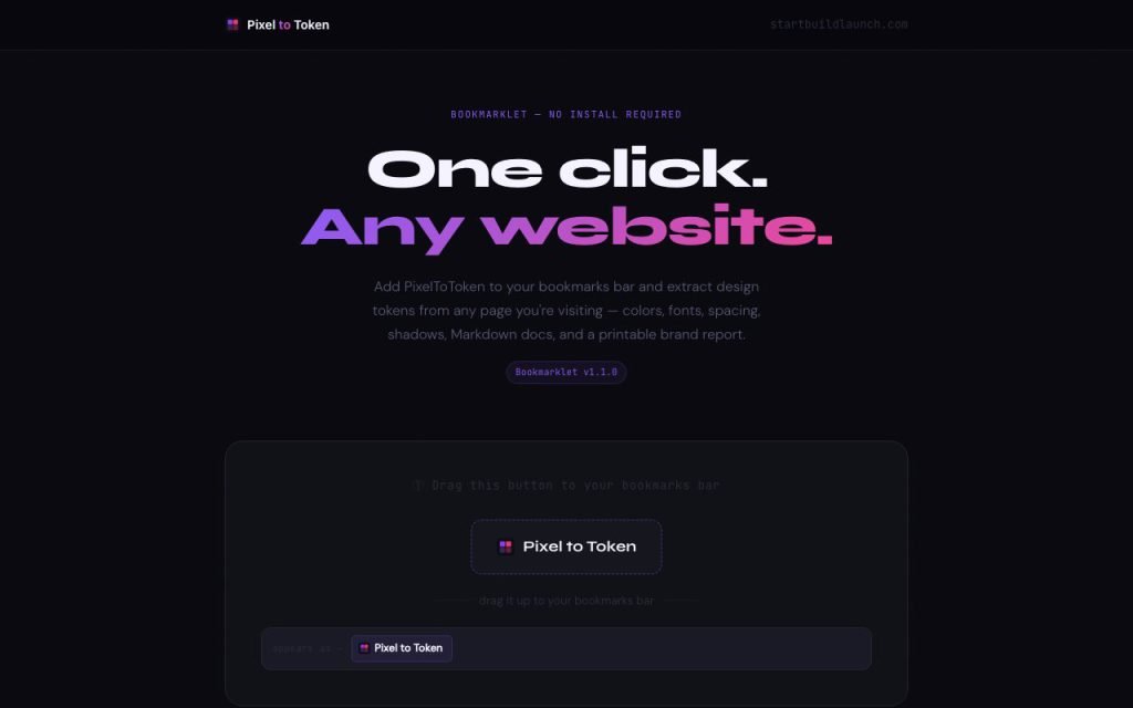 Pixel To Tokens bookmarklet page: one click on any website to extract design tokens