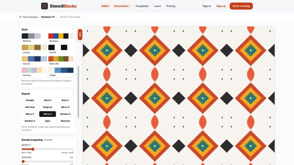 StencilBlocks editor with a repeating geometric pattern on the canvas and shape and colour panels