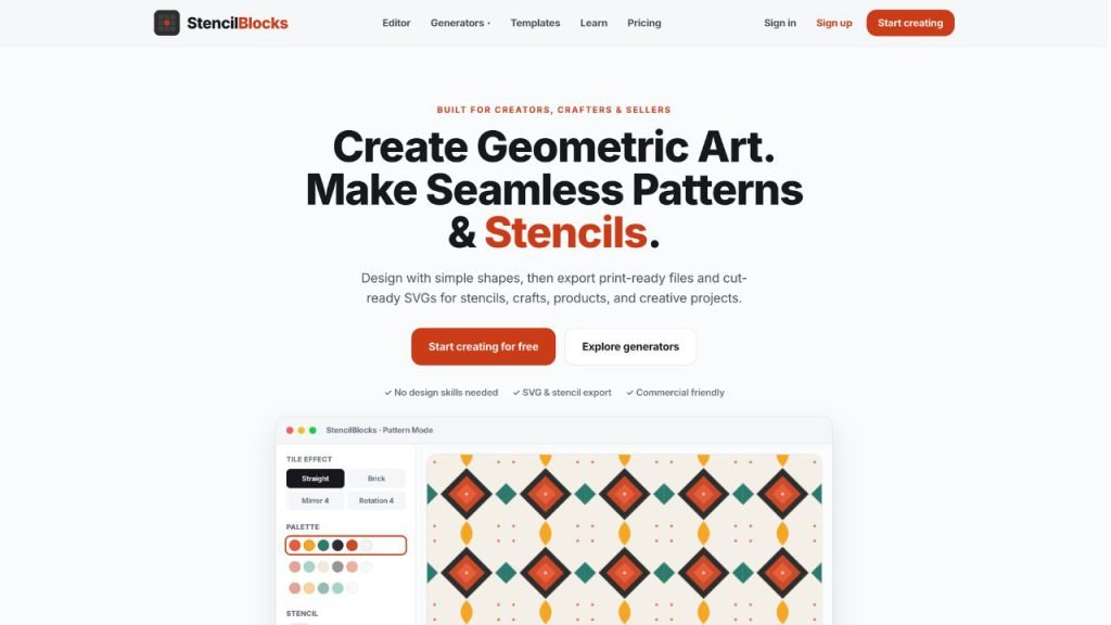 StencilBlocks editor with a repeating geometric pattern on the canvas and shape and colour panels