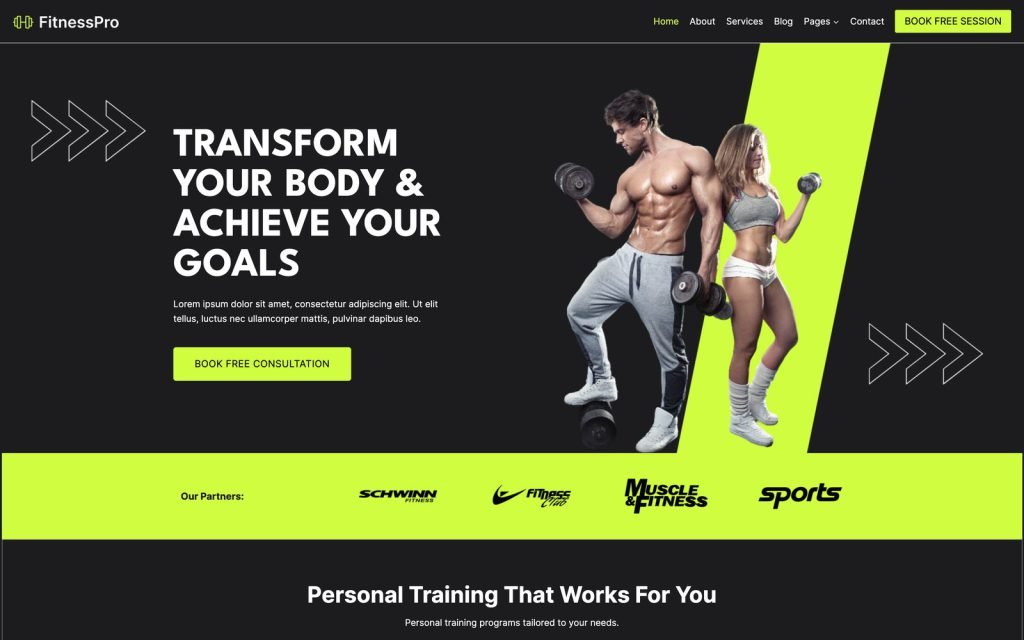 Fitness Pro, a personal trainer website demo built with WordPress